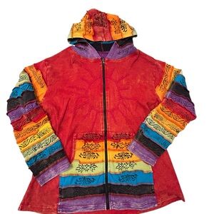 Greater Good Patchwork Rainbow Sun Hoodie Full Zip Hippie Artsy Multicolor 2X